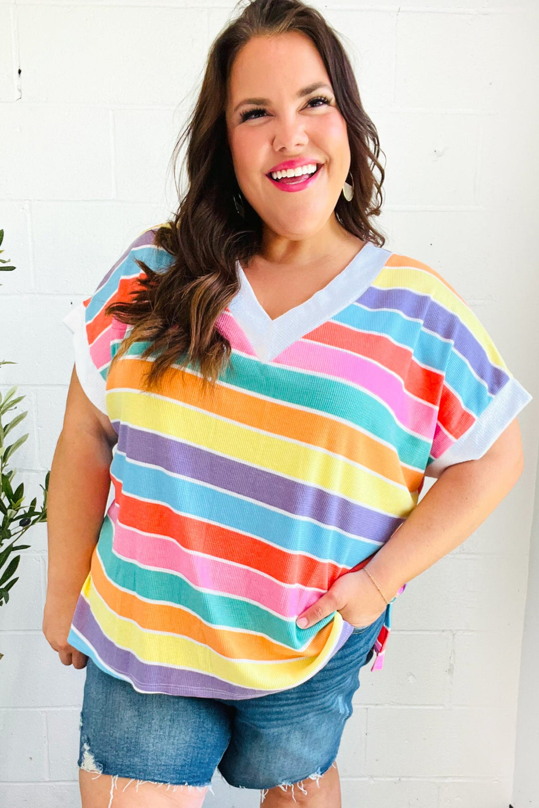 Sieze The Day Rainbow Striped V Neck Drop Shoulder Thermal Knit Top-Haptics-[option4]-[option5]-[option6]-[option7]-[option8]-Shop-Boutique-Clothing-for-Women-Online