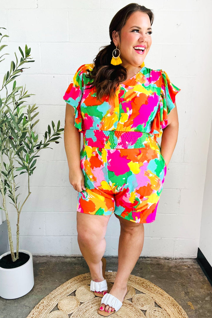 Under The Sun Abstract Floral Smocked Waist V Neck Flutter Sleeve Romper-Haptics-[option4]-[option5]-[option6]-[option7]-[option8]-Shop-Boutique-Clothing-for-Women-Online