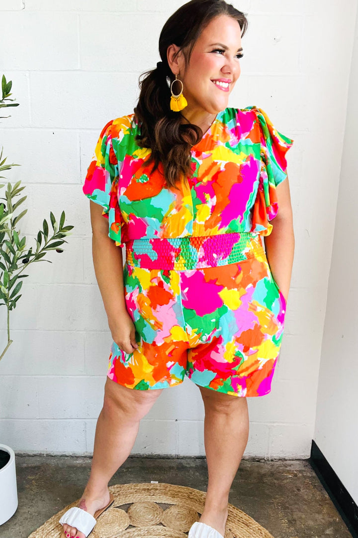 Under The Sun Abstract Floral Smocked Waist V Neck Flutter Sleeve Romper-Haptics-[option4]-[option5]-[option6]-[option7]-[option8]-Shop-Boutique-Clothing-for-Women-Online