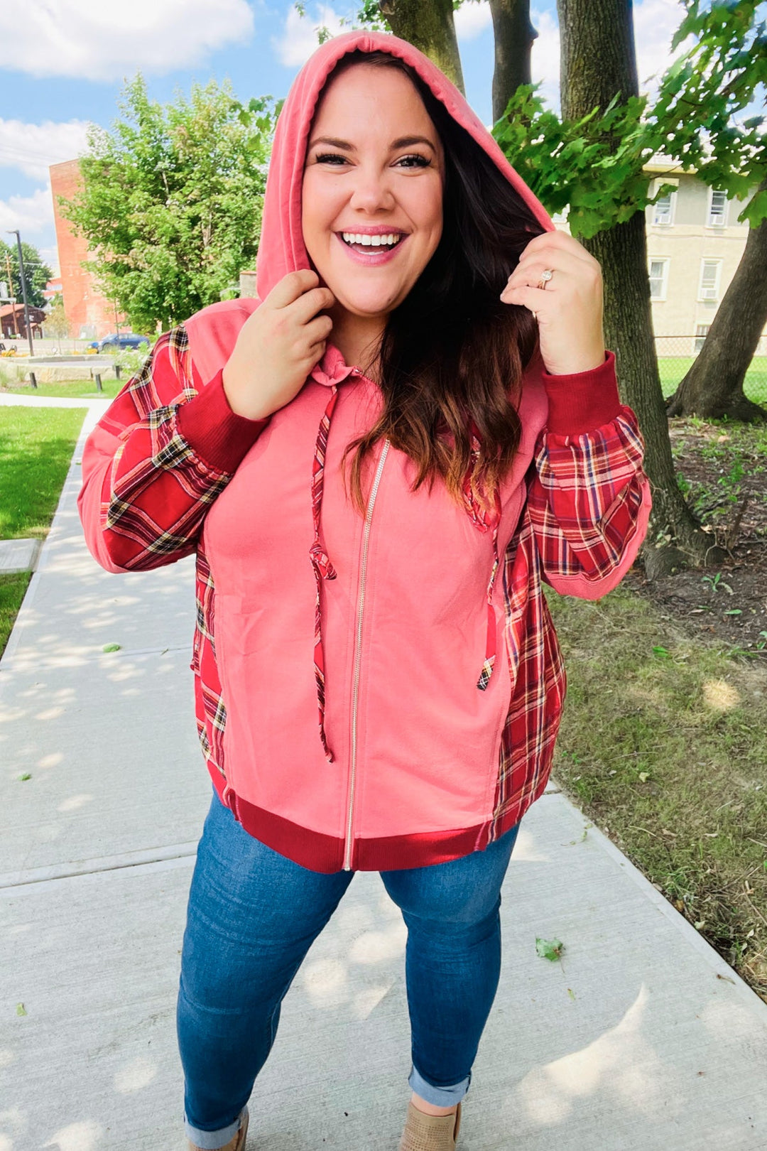 Adorable in Marsala Plaid Color Block Zipper French Terry Hoodie-Haptics-[option4]-[option5]-[option6]-[option7]-[option8]-Shop-Boutique-Clothing-for-Women-Online