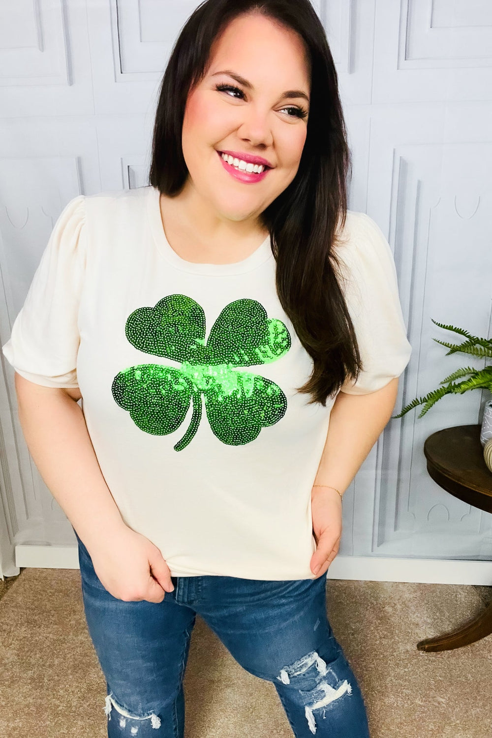 Saint Patty Sequin Clover French Terry Puff Sleeve Top-Haptics-[option4]-[option5]-[option6]-[option7]-[option8]-Shop-Boutique-Clothing-for-Women-Online