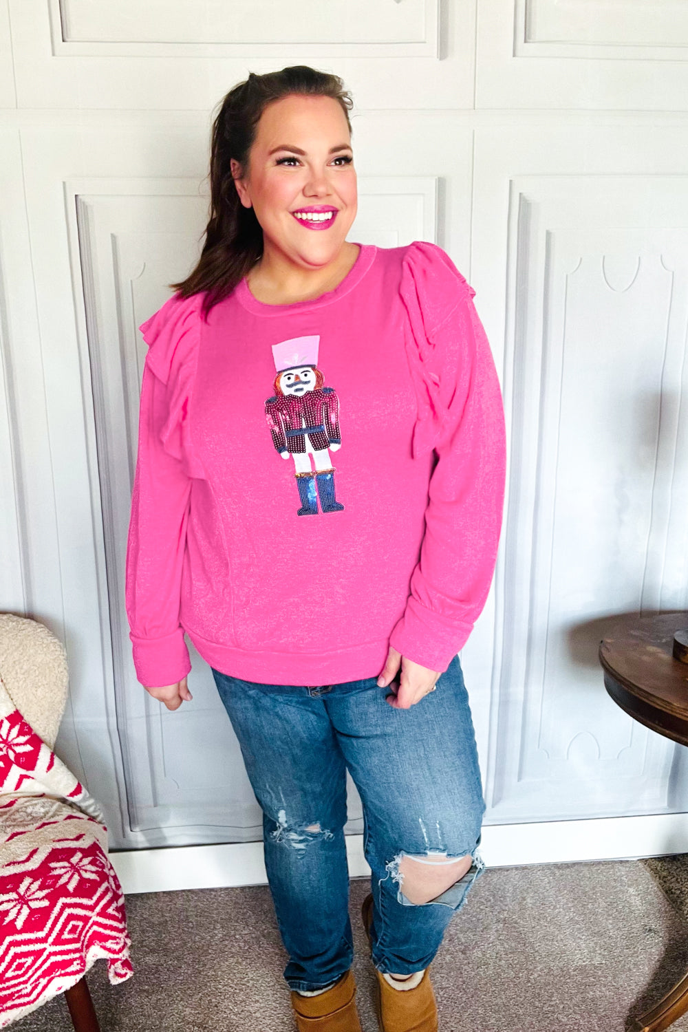 Holiday Hot Pink Sequin Nutcracker Ruffle Hacci Sweater-Haptics-[option4]-[option5]-[option6]-[option7]-[option8]-Shop-Boutique-Clothing-for-Women-Online