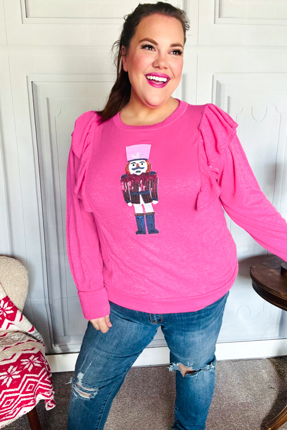 Holiday Hot Pink Sequin Nutcracker Ruffle Hacci Sweater-Haptics-[option4]-[option5]-[option6]-[option7]-[option8]-Shop-Boutique-Clothing-for-Women-Online