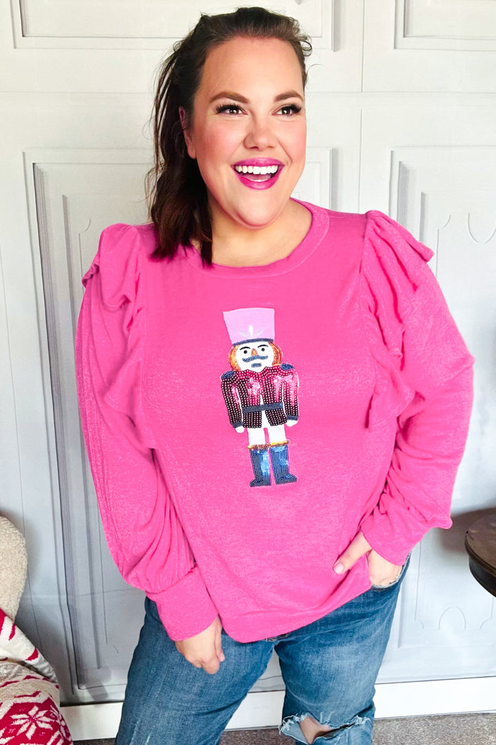 Holiday Hot Pink Sequin Nutcracker Ruffle Hacci Sweater-Haptics-[option4]-[option5]-[option6]-[option7]-[option8]-Shop-Boutique-Clothing-for-Women-Online