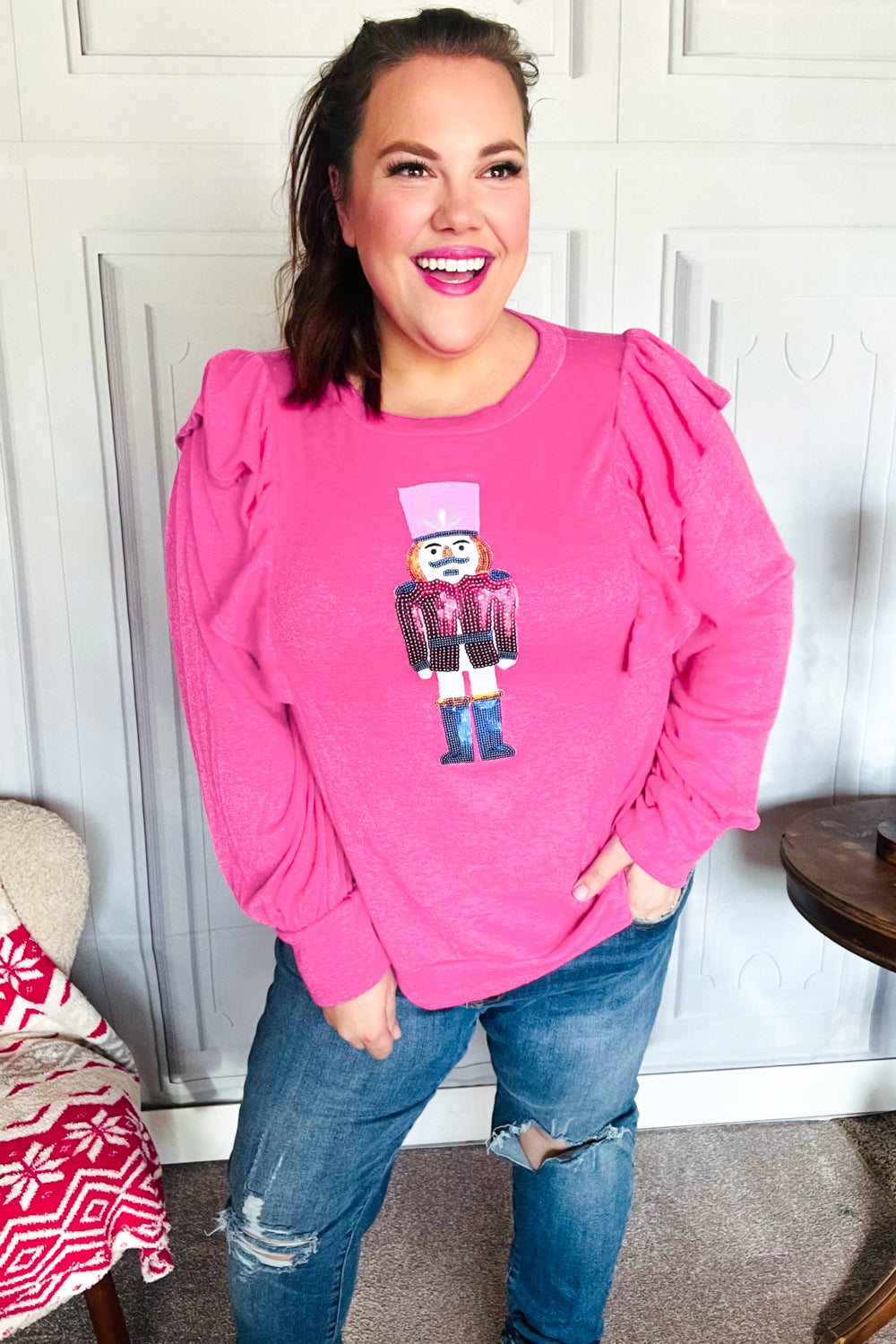 Holiday Hot Pink Sequin Nutcracker Ruffle Hacci Sweater-Haptics-[option4]-[option5]-[option6]-[option7]-[option8]-Shop-Boutique-Clothing-for-Women-Online