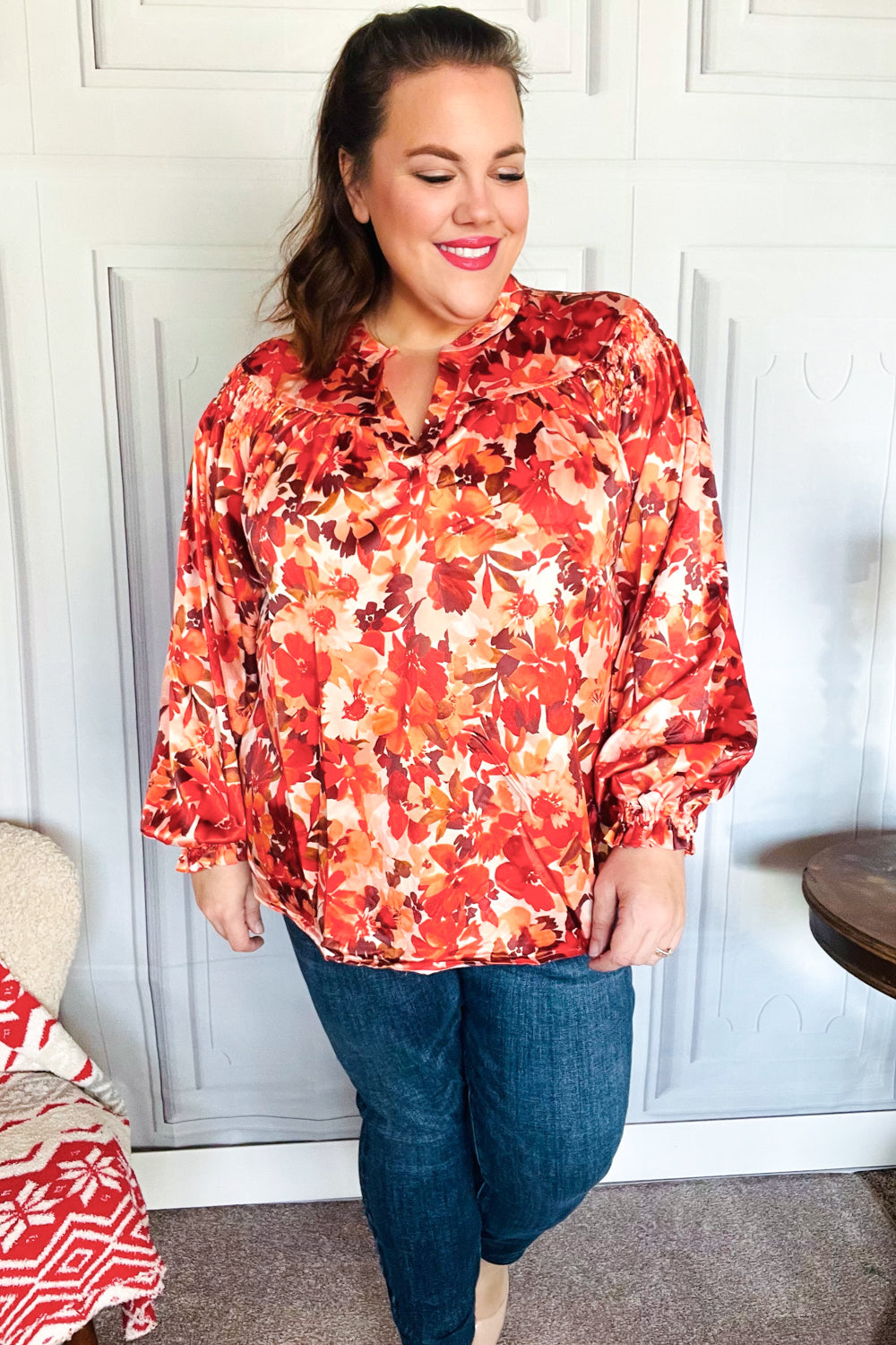 Fall Vibes Rust Floral Print Notched Neck Smocked Satin Top-Haptics-[option4]-[option5]-[option6]-[option7]-[option8]-Shop-Boutique-Clothing-for-Women-Online