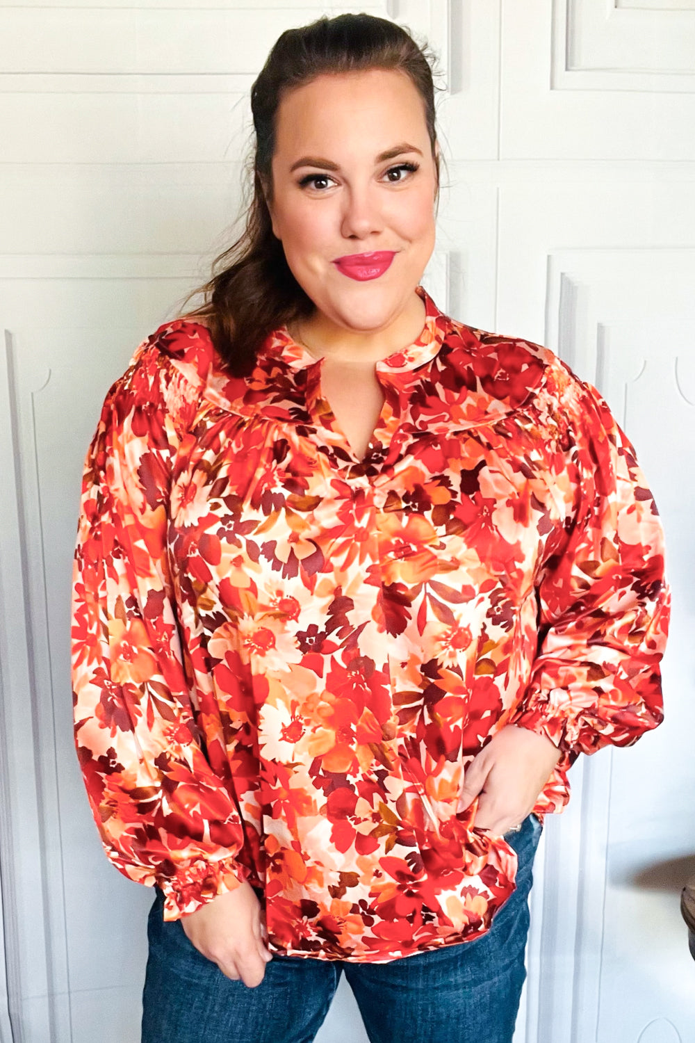 Fall Vibes Rust Floral Print Notched Neck Smocked Satin Top-Haptics-[option4]-[option5]-[option6]-[option7]-[option8]-Shop-Boutique-Clothing-for-Women-Online