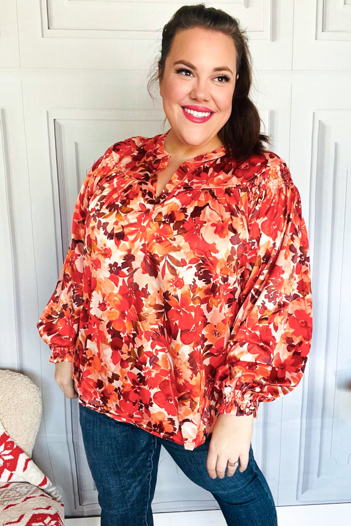 Fall Vibes Rust Floral Print Notched Neck Smocked Satin Top-Haptics-[option4]-[option5]-[option6]-[option7]-[option8]-Shop-Boutique-Clothing-for-Women-Online