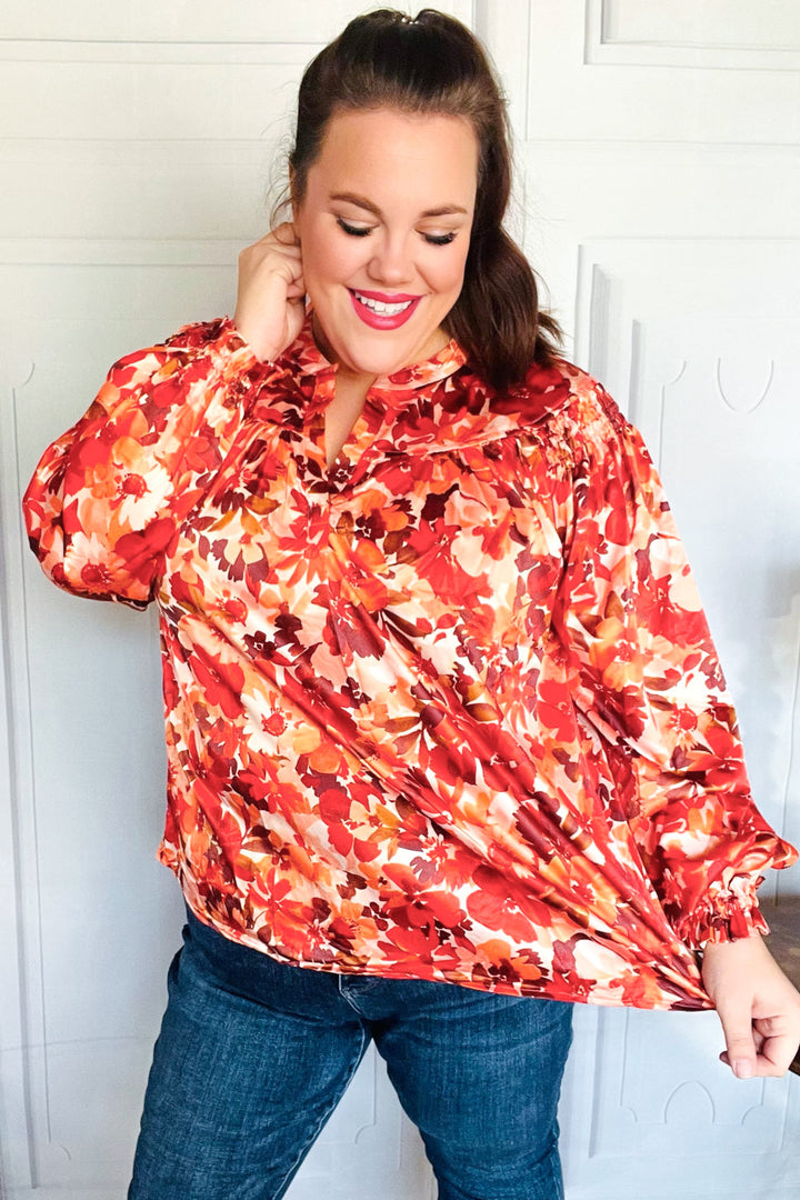 Fall Vibes Rust Floral Print Notched Neck Smocked Satin Top-Haptics-[option4]-[option5]-[option6]-[option7]-[option8]-Shop-Boutique-Clothing-for-Women-Online