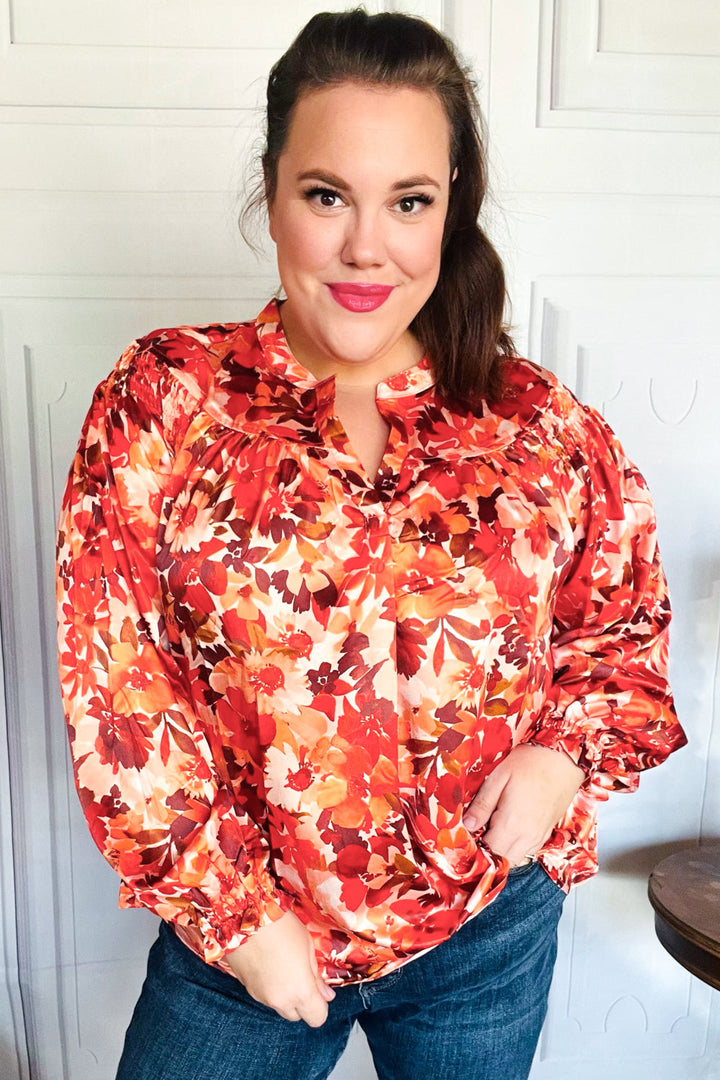 Fall Vibes Rust Floral Print Notched Neck Smocked Satin Top-Haptics-[option4]-[option5]-[option6]-[option7]-[option8]-Shop-Boutique-Clothing-for-Women-Online