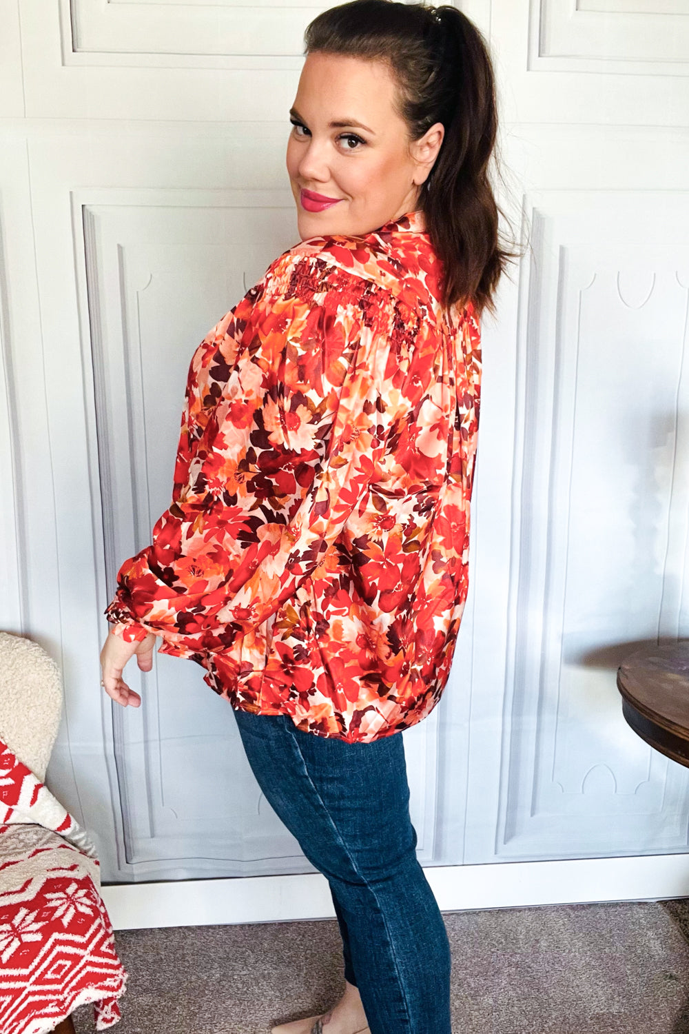 Fall Vibes Rust Floral Print Notched Neck Smocked Satin Top-Haptics-[option4]-[option5]-[option6]-[option7]-[option8]-Shop-Boutique-Clothing-for-Women-Online