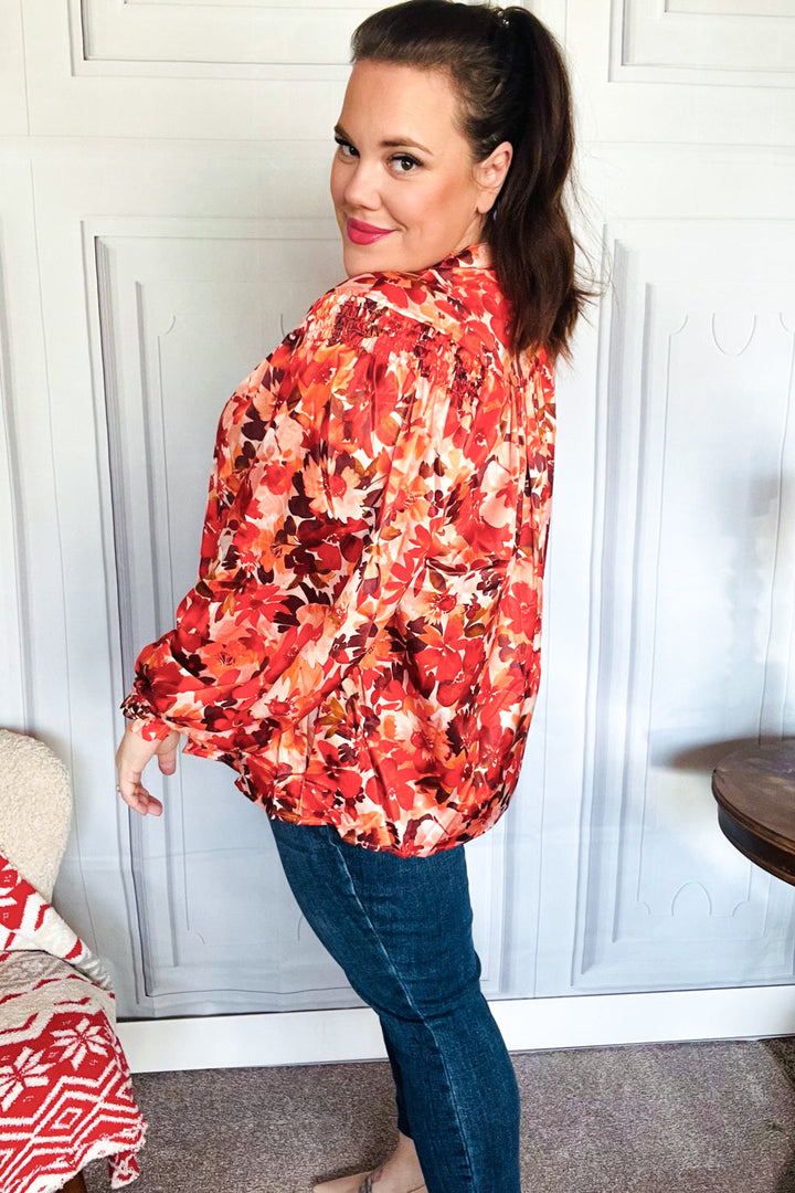 Fall Vibes Rust Floral Print Notched Neck Smocked Satin Top-Haptics-[option4]-[option5]-[option6]-[option7]-[option8]-Shop-Boutique-Clothing-for-Women-Online