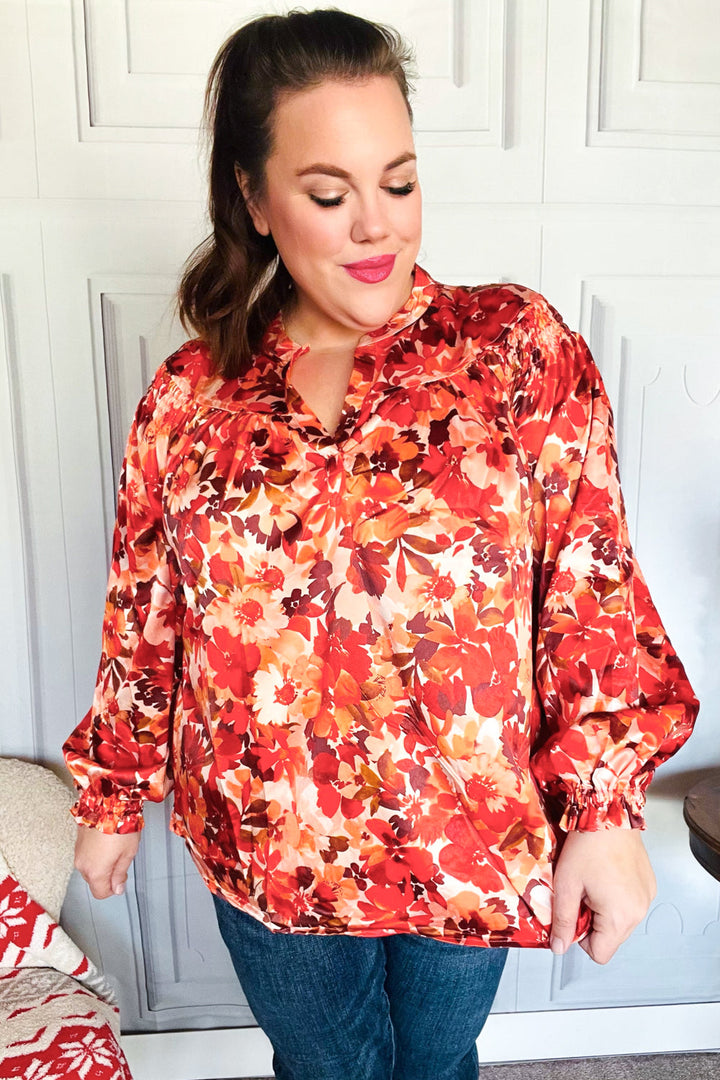 Fall Vibes Rust Floral Print Notched Neck Smocked Satin Top-Haptics-[option4]-[option5]-[option6]-[option7]-[option8]-Shop-Boutique-Clothing-for-Women-Online