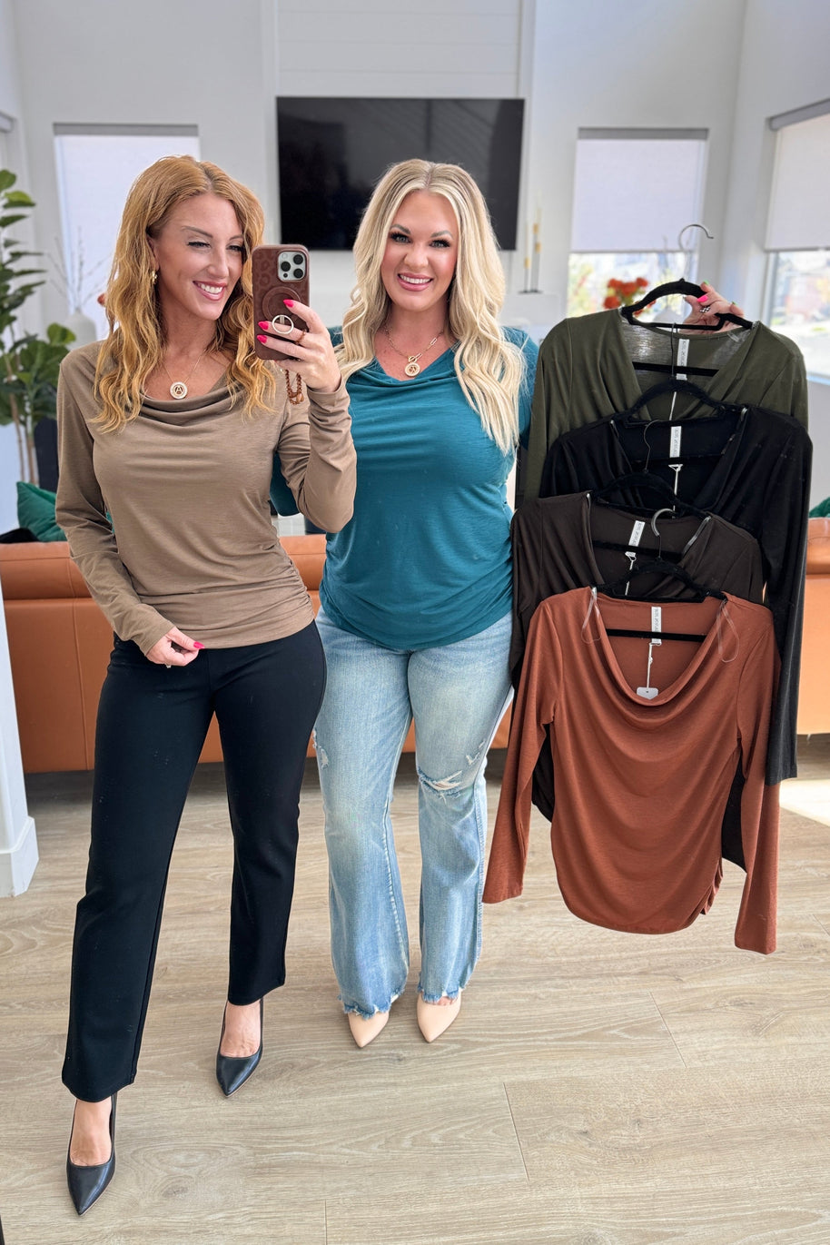 Ruched Cowl Neck Top in Mocha-Tops-Ave Shops-[option4]-[option5]-[option6]-[option7]-[option8]-Shop-Boutique-Clothing-for-Women-Online