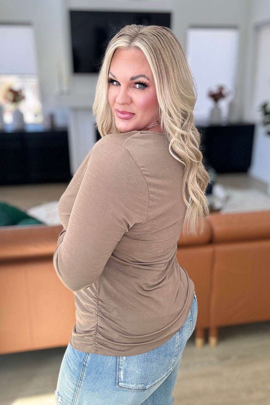 Ruched Cowl Neck Top in Mocha-Tops-Ave Shops-[option4]-[option5]-[option6]-[option7]-[option8]-Shop-Boutique-Clothing-for-Women-Online