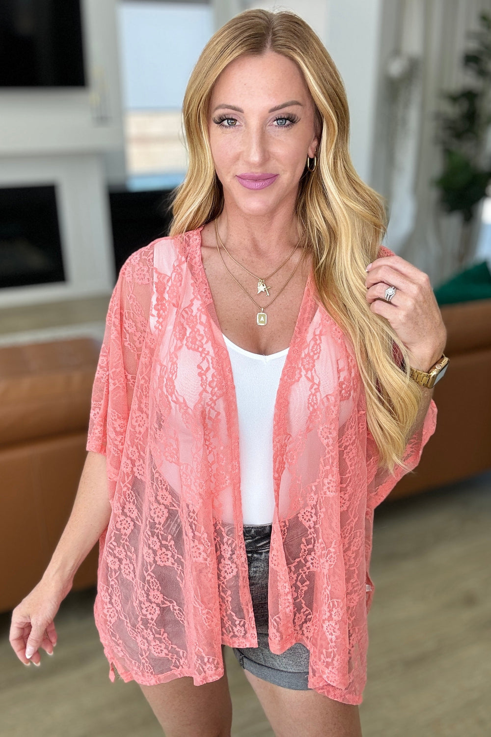 Good Days Ahead Lace Kimono In Coral-Layers-Ave Shops-[option4]-[option5]-[option6]-[option7]-[option8]-Shop-Boutique-Clothing-for-Women-Online