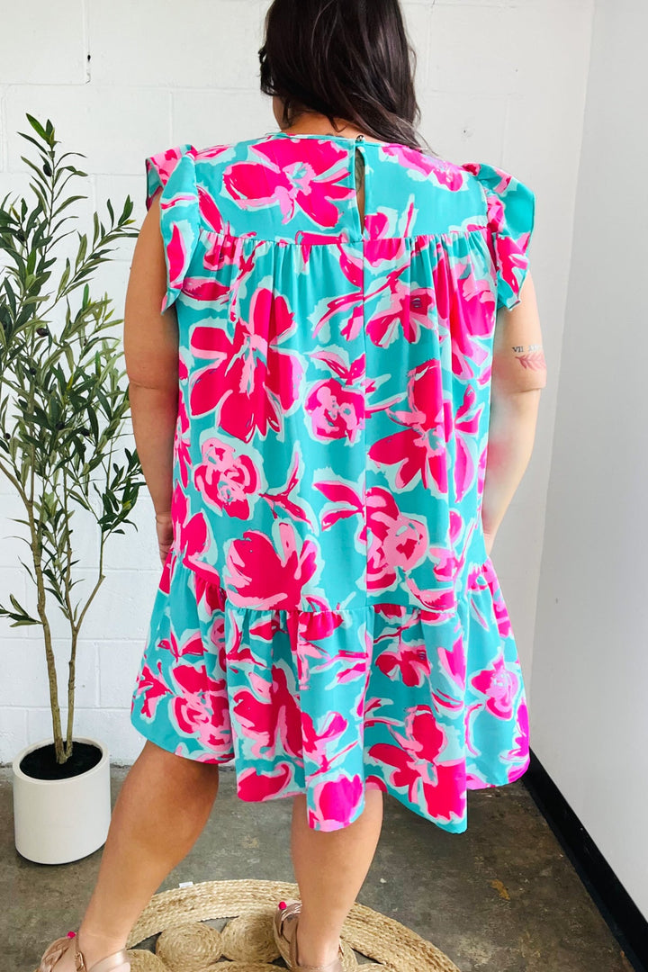 Diva Dreaming Aqua & Fuchsia Floral Print Tiered Ruffle Sleeve Dress-Haptics-[option4]-[option5]-[option6]-[option7]-[option8]-Shop-Boutique-Clothing-for-Women-Online