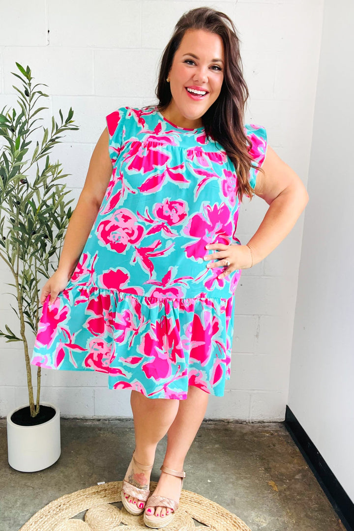 Diva Dreaming Aqua & Fuchsia Floral Print Tiered Ruffle Sleeve Dress-Haptics-[option4]-[option5]-[option6]-[option7]-[option8]-Shop-Boutique-Clothing-for-Women-Online