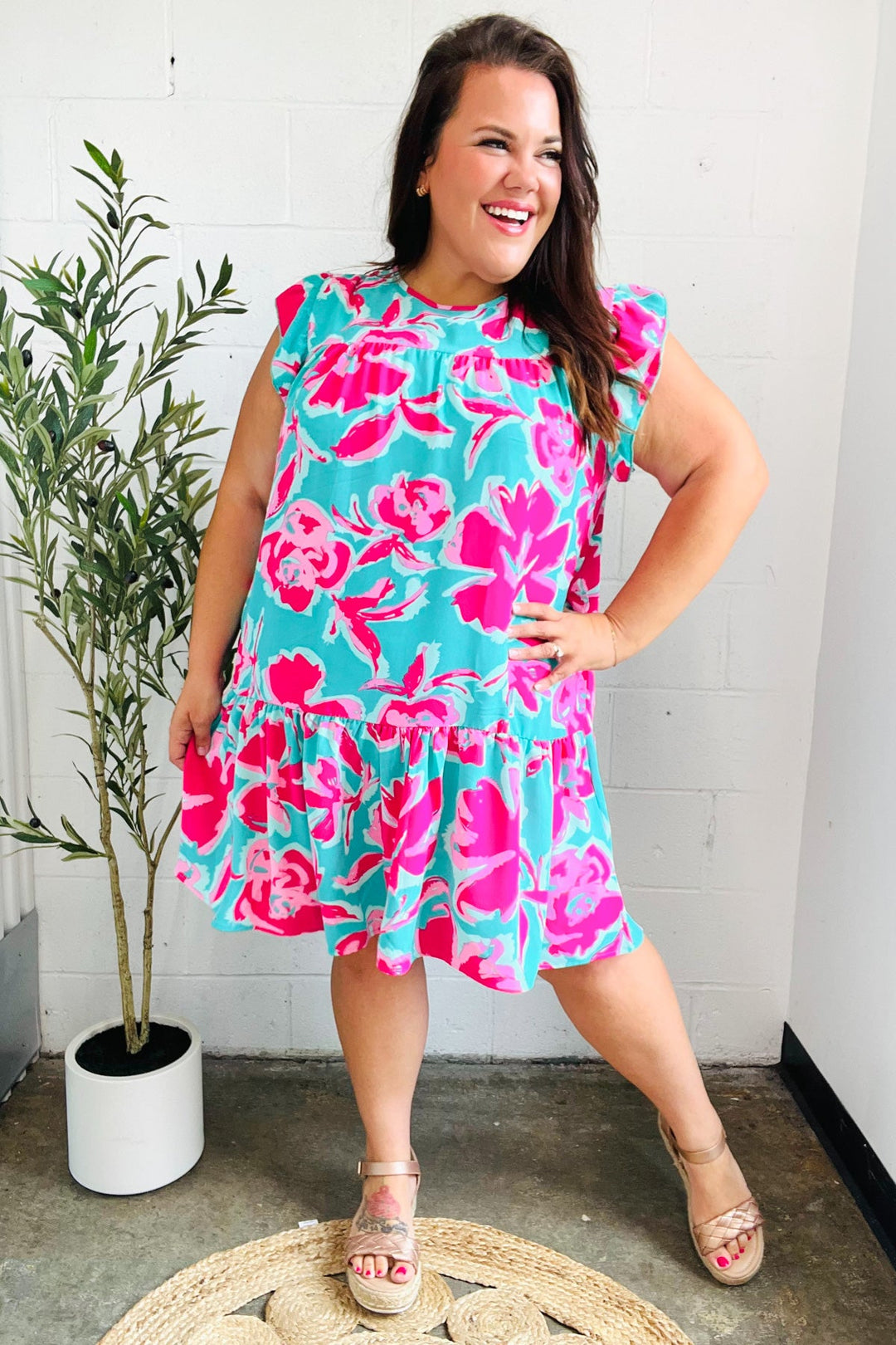 Diva Dreaming Aqua & Fuchsia Floral Print Tiered Ruffle Sleeve Dress-Haptics-[option4]-[option5]-[option6]-[option7]-[option8]-Shop-Boutique-Clothing-for-Women-Online