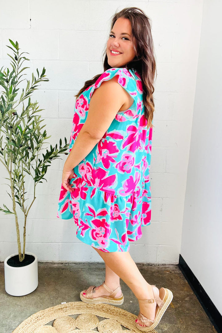 Diva Dreaming Aqua & Fuchsia Floral Print Tiered Ruffle Sleeve Dress-Haptics-[option4]-[option5]-[option6]-[option7]-[option8]-Shop-Boutique-Clothing-for-Women-Online