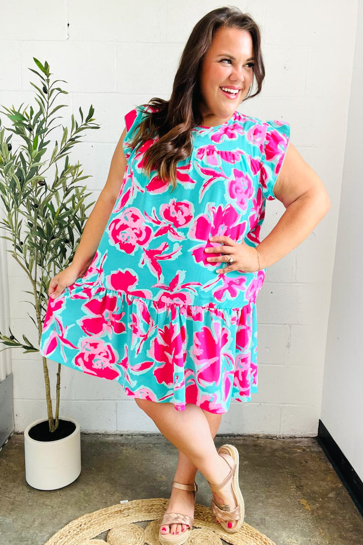 Diva Dreaming Aqua & Fuchsia Floral Print Tiered Ruffle Sleeve Dress-Haptics-[option4]-[option5]-[option6]-[option7]-[option8]-Shop-Boutique-Clothing-for-Women-Online