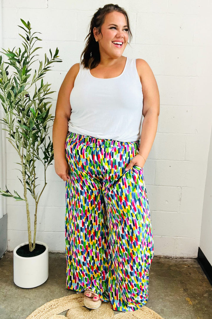 Stand Out Navy & Green Abstract Print Smocked Waist Palazzo Pants-Haptics-[option4]-[option5]-[option6]-[option7]-[option8]-Shop-Boutique-Clothing-for-Women-Online