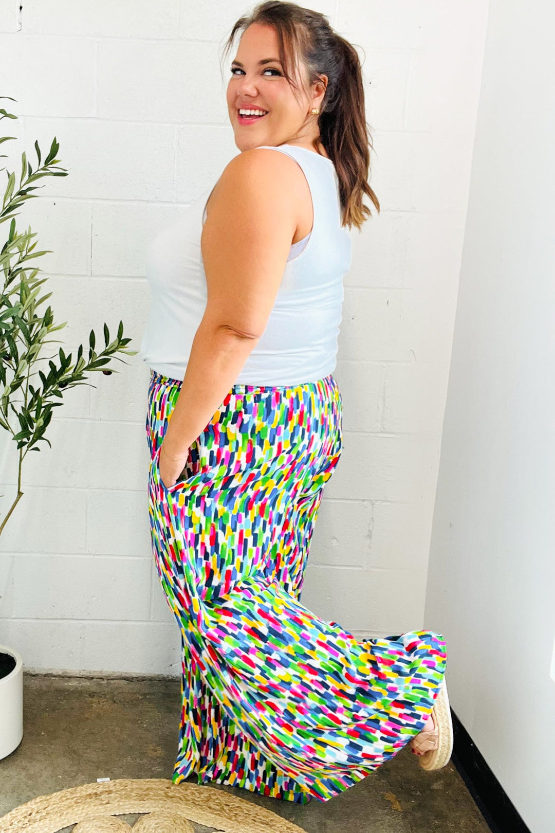 Stand Out Navy & Green Abstract Print Smocked Waist Palazzo Pants-Haptics-[option4]-[option5]-[option6]-[option7]-[option8]-Shop-Boutique-Clothing-for-Women-Online