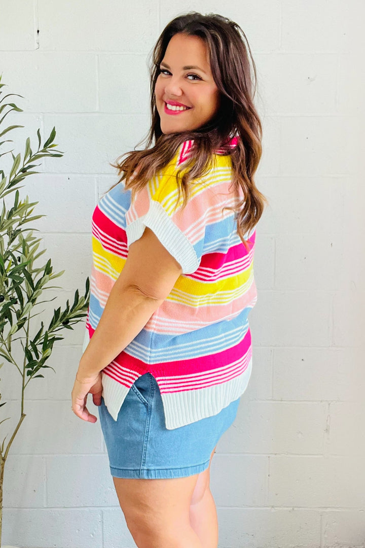 Feeling Playful Blue & Fuchsia Striped Short Dolman Sleeve Knit Top-Haptics-[option4]-[option5]-[option6]-[option7]-[option8]-Shop-Boutique-Clothing-for-Women-Online