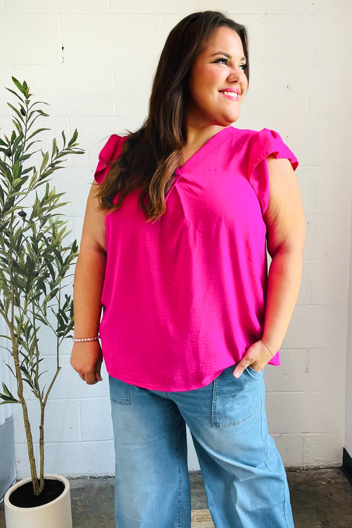 Summer Days Fuchsia Banded V Neck Flutter Sleeve Top-Haptics-[option4]-[option5]-[option6]-[option7]-[option8]-Shop-Boutique-Clothing-for-Women-Online