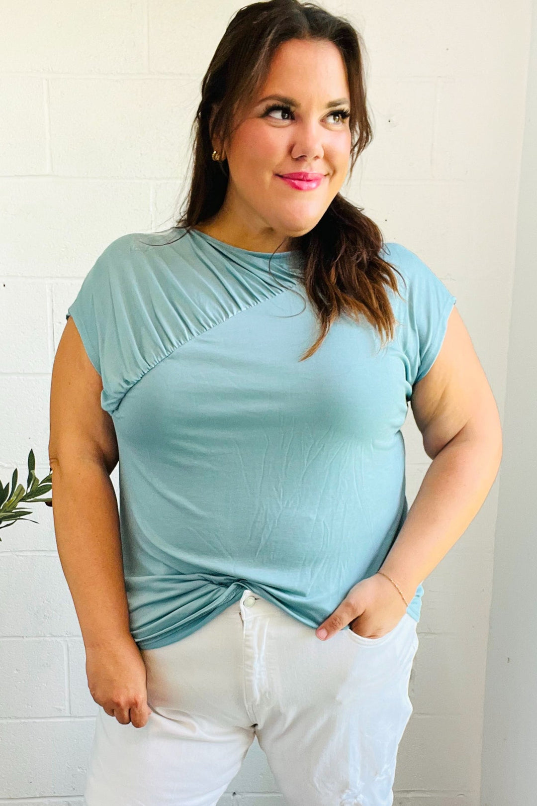 Charming in Aqua Asymmetrical Shirred Drop Shoulder Modal Top-Haptics-[option4]-[option5]-[option6]-[option7]-[option8]-Shop-Boutique-Clothing-for-Women-Online