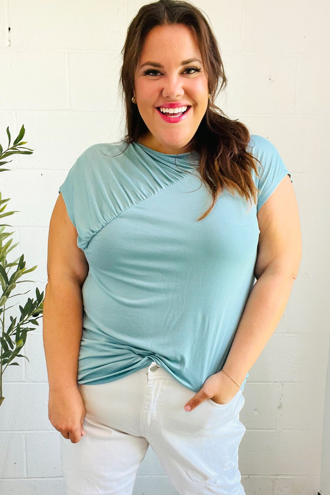 Charming in Aqua Asymmetrical Shirred Drop Shoulder Modal Top-Haptics-[option4]-[option5]-[option6]-[option7]-[option8]-Shop-Boutique-Clothing-for-Women-Online