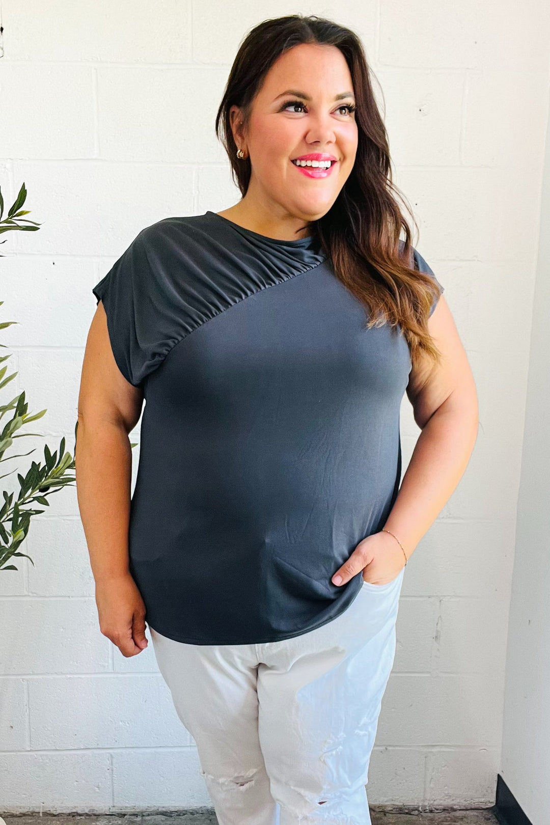 Charming In Charcoal Asymmetrical Shirred Drop Shoulder Modal Top-Haptics-[option4]-[option5]-[option6]-[option7]-[option8]-Shop-Boutique-Clothing-for-Women-Online