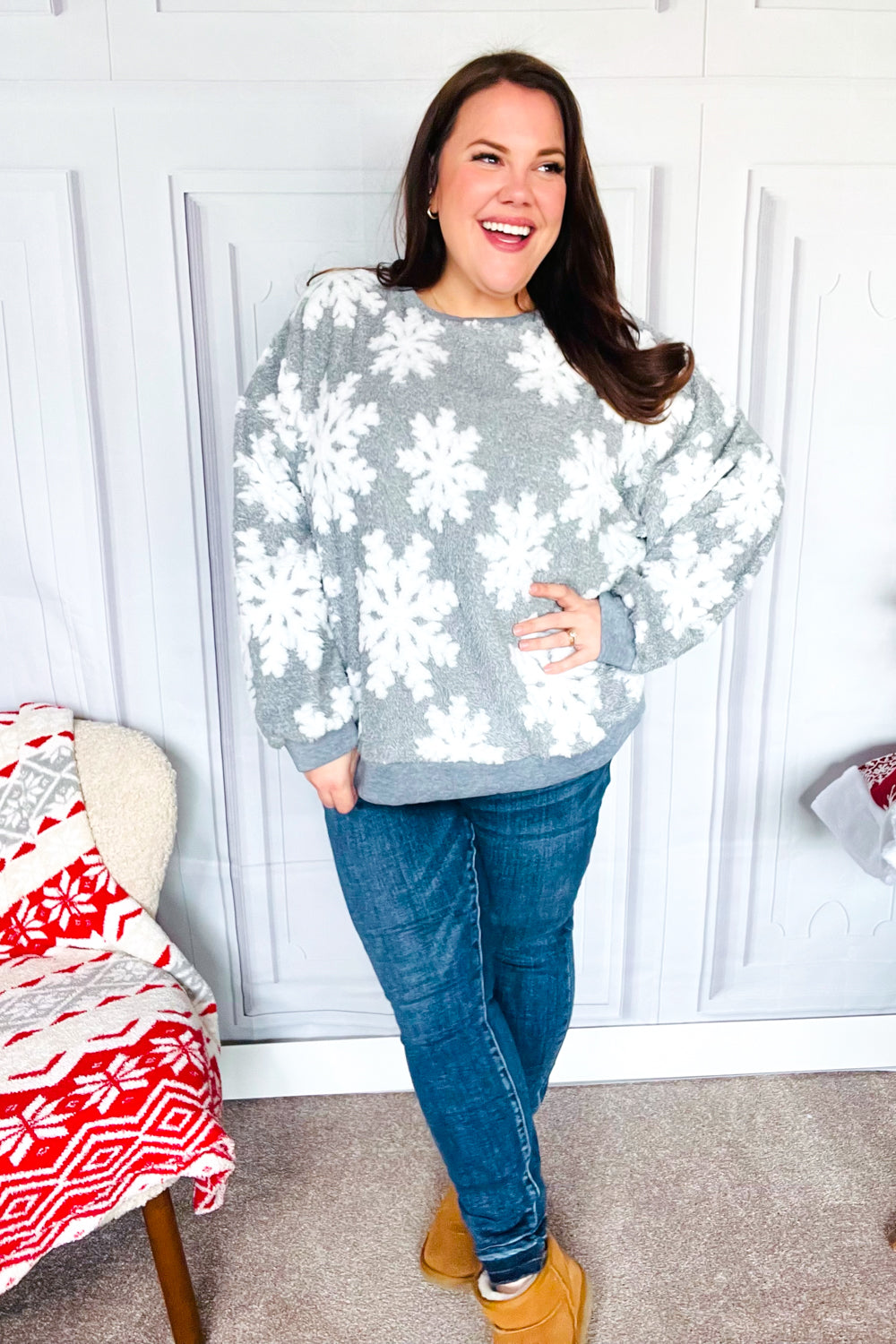 Season Greetings Silver Puffy Snowflake Sherpa Pullover-Haptics-[option4]-[option5]-[option6]-[option7]-[option8]-Shop-Boutique-Clothing-for-Women-Online