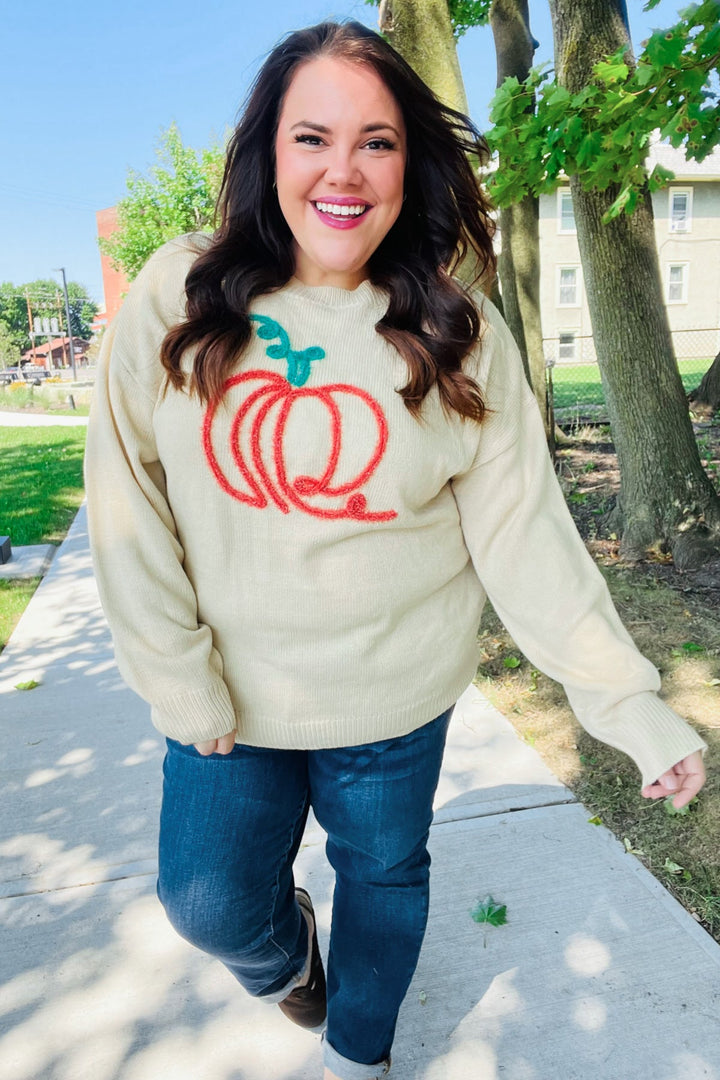 Taupe Embroidered Pumpkin Oversized Sweater-Haptics-[option4]-[option5]-[option6]-[option7]-[option8]-Shop-Boutique-Clothing-for-Women-Online