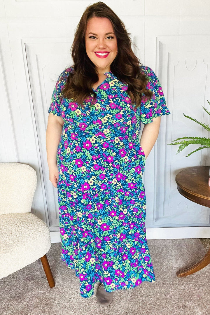 Eyes On You Navy Neon Floral Smocked Waist Maxi Dress-The Bee Chic Boutique-[option4]-[option5]-[option6]-[option7]-[option8]-Shop-Boutique-Clothing-for-Women-Online