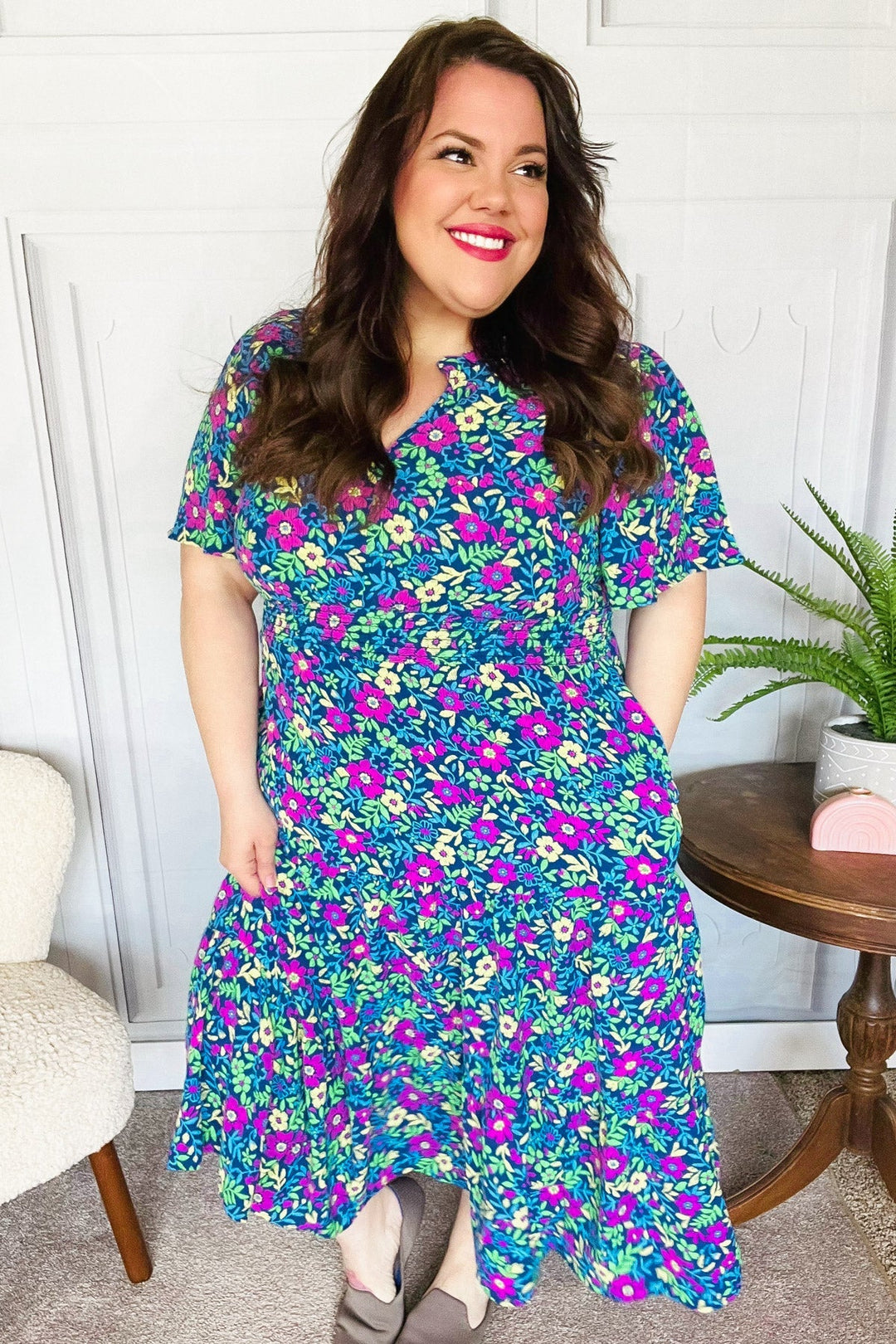 Eyes On You Navy Neon Floral Smocked Waist Maxi Dress-The Bee Chic Boutique-[option4]-[option5]-[option6]-[option7]-[option8]-Shop-Boutique-Clothing-for-Women-Online