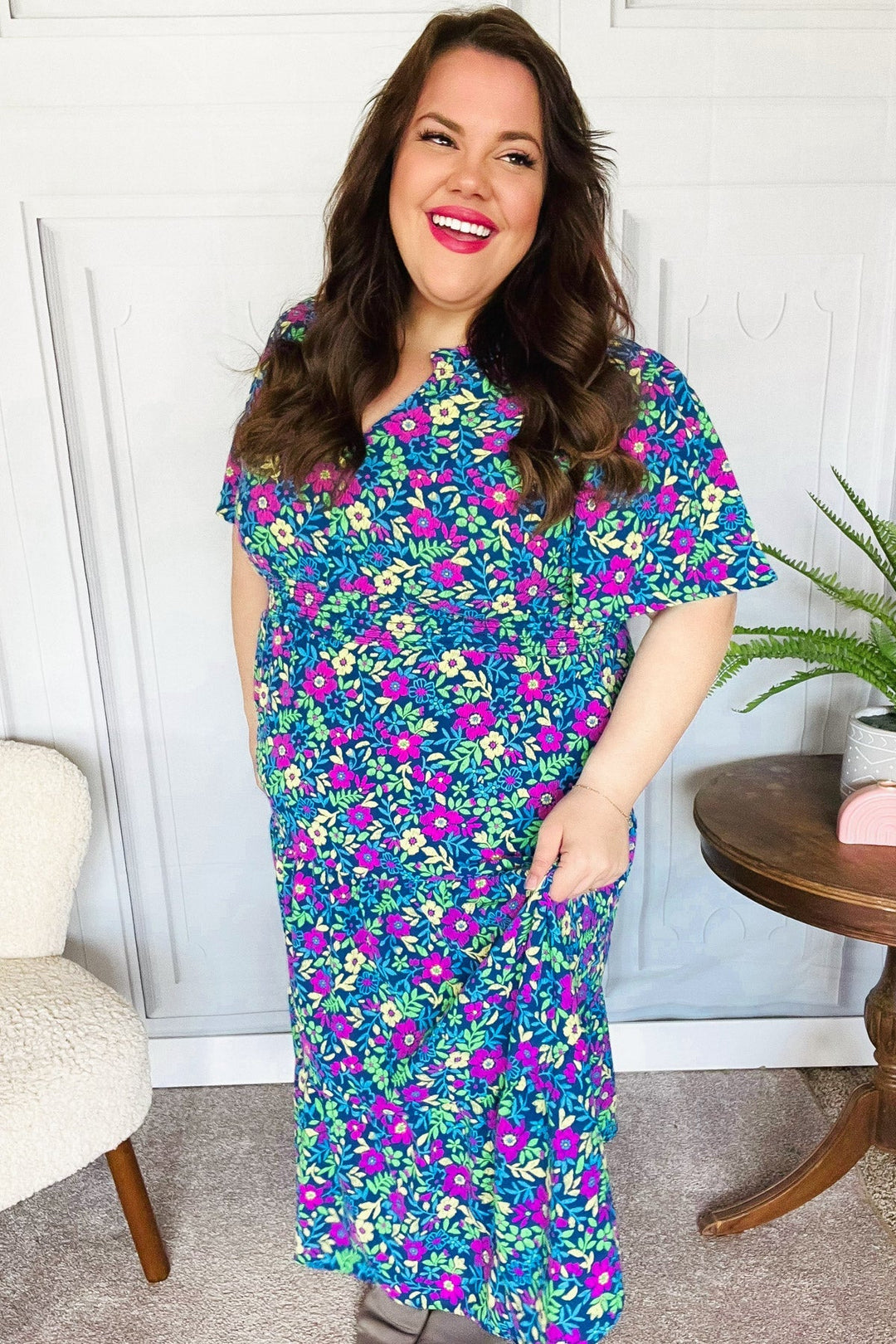 Eyes On You Navy Neon Floral Smocked Waist Maxi Dress-The Bee Chic Boutique-[option4]-[option5]-[option6]-[option7]-[option8]-Shop-Boutique-Clothing-for-Women-Online