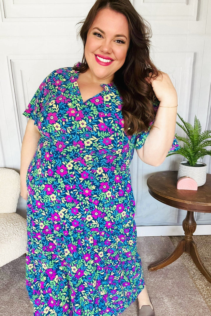 Eyes On You Navy Neon Floral Smocked Waist Maxi Dress-The Bee Chic Boutique-[option4]-[option5]-[option6]-[option7]-[option8]-Shop-Boutique-Clothing-for-Women-Online