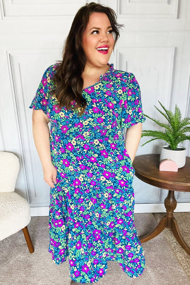 Eyes On You Navy Neon Floral Smocked Waist Maxi Dress-The Bee Chic Boutique-[option4]-[option5]-[option6]-[option7]-[option8]-Shop-Boutique-Clothing-for-Women-Online