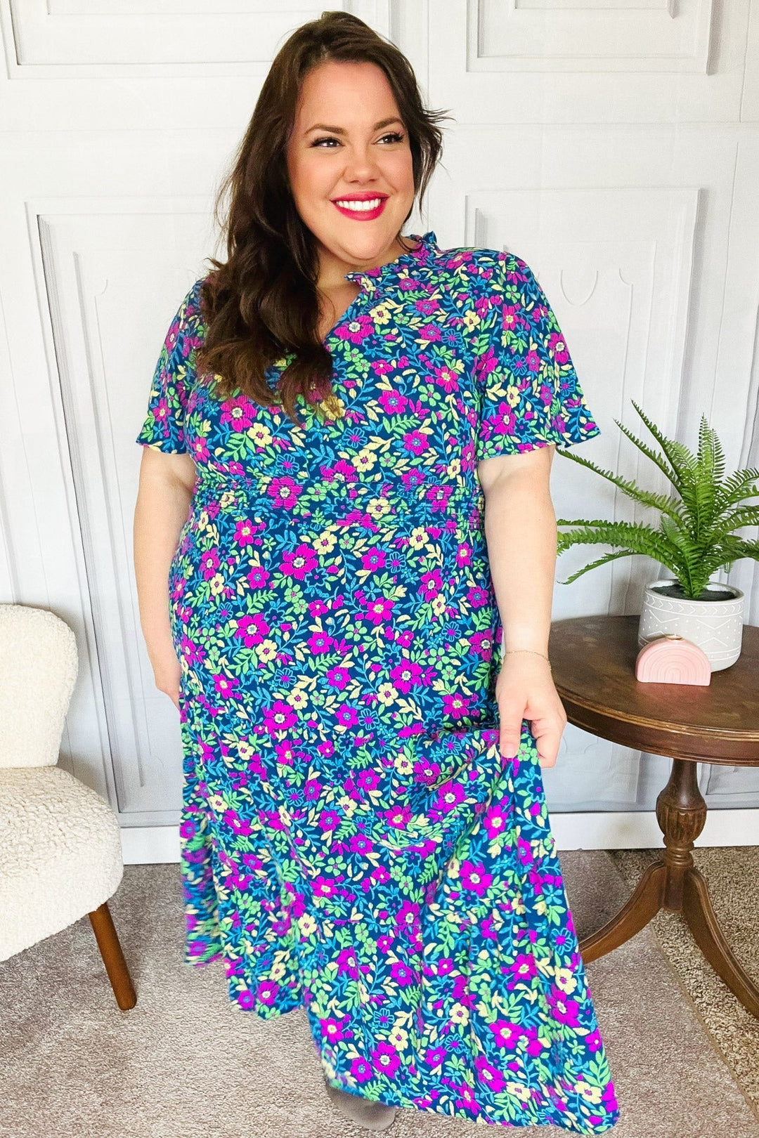 Eyes On You Navy Neon Floral Smocked Waist Maxi Dress-The Bee Chic Boutique-[option4]-[option5]-[option6]-[option7]-[option8]-Shop-Boutique-Clothing-for-Women-Online