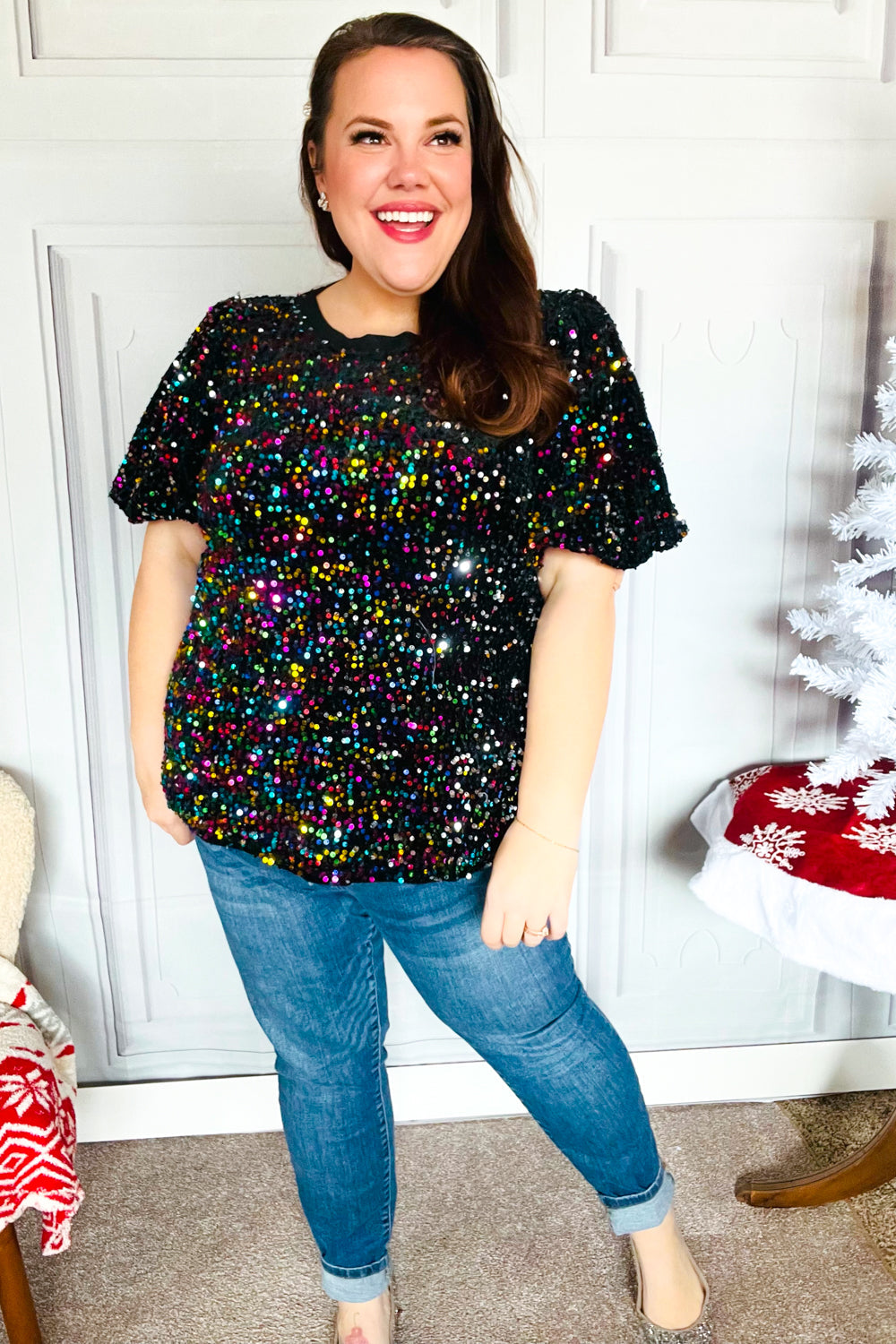 Holiday Ready Black Velvet Multicolor Sequin Puff Sleeve Top-Haptics-[option4]-[option5]-[option6]-[option7]-[option8]-Shop-Boutique-Clothing-for-Women-Online