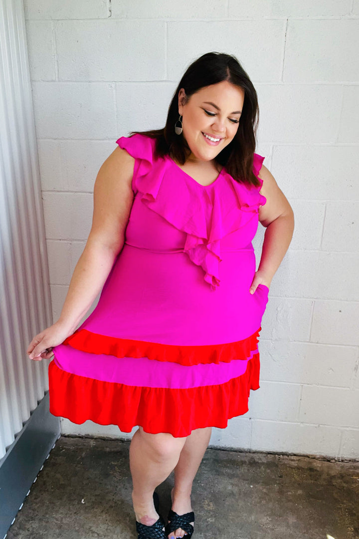 Fuchsia Ruffle V Neck Crepe Tiered Midi Dress-Haptics-[option4]-[option5]-[option6]-[option7]-[option8]-Shop-Boutique-Clothing-for-Women-Online