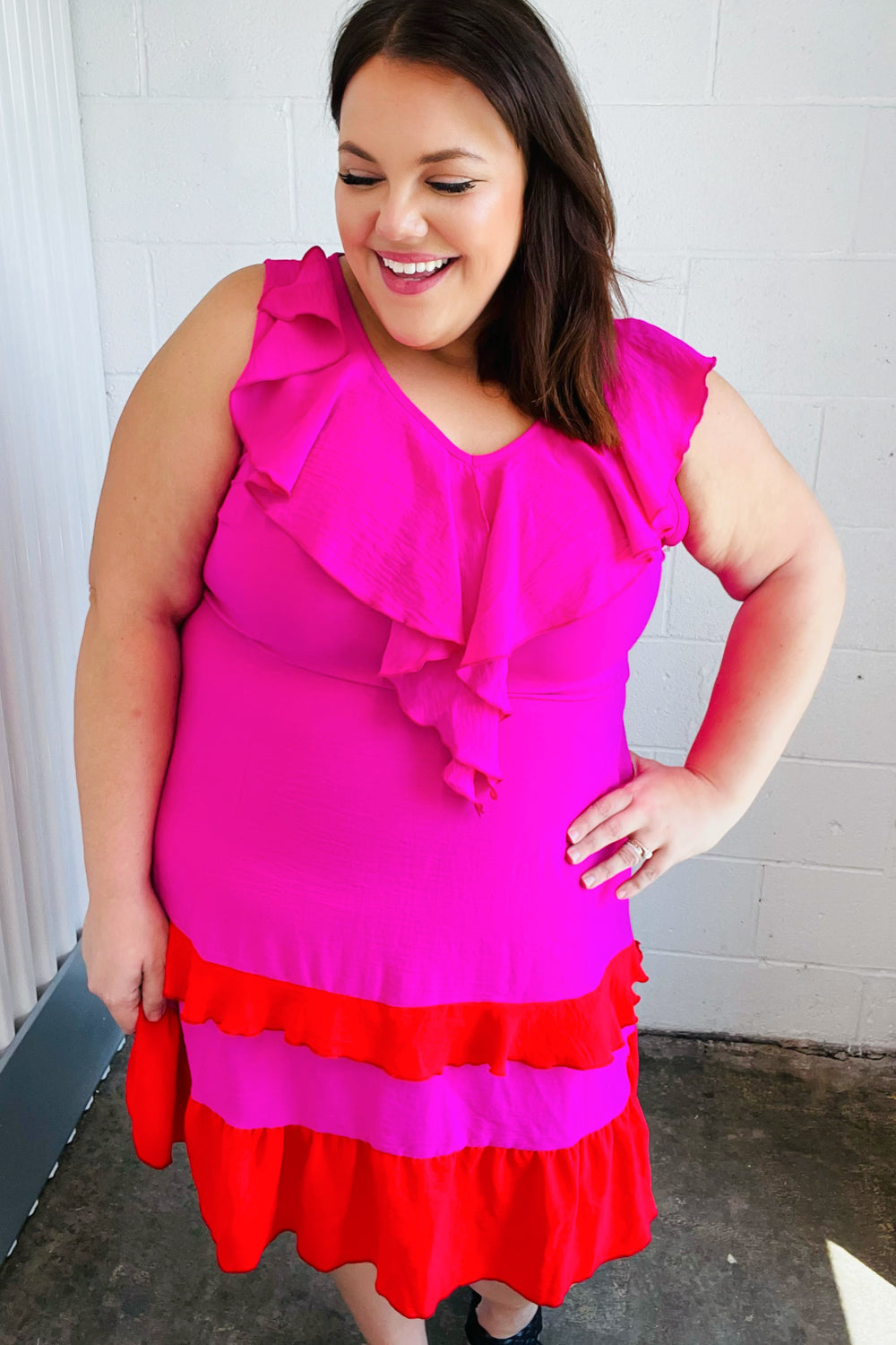 Fuchsia Ruffle V Neck Crepe Tiered Midi Dress-Haptics-[option4]-[option5]-[option6]-[option7]-[option8]-Shop-Boutique-Clothing-for-Women-Online