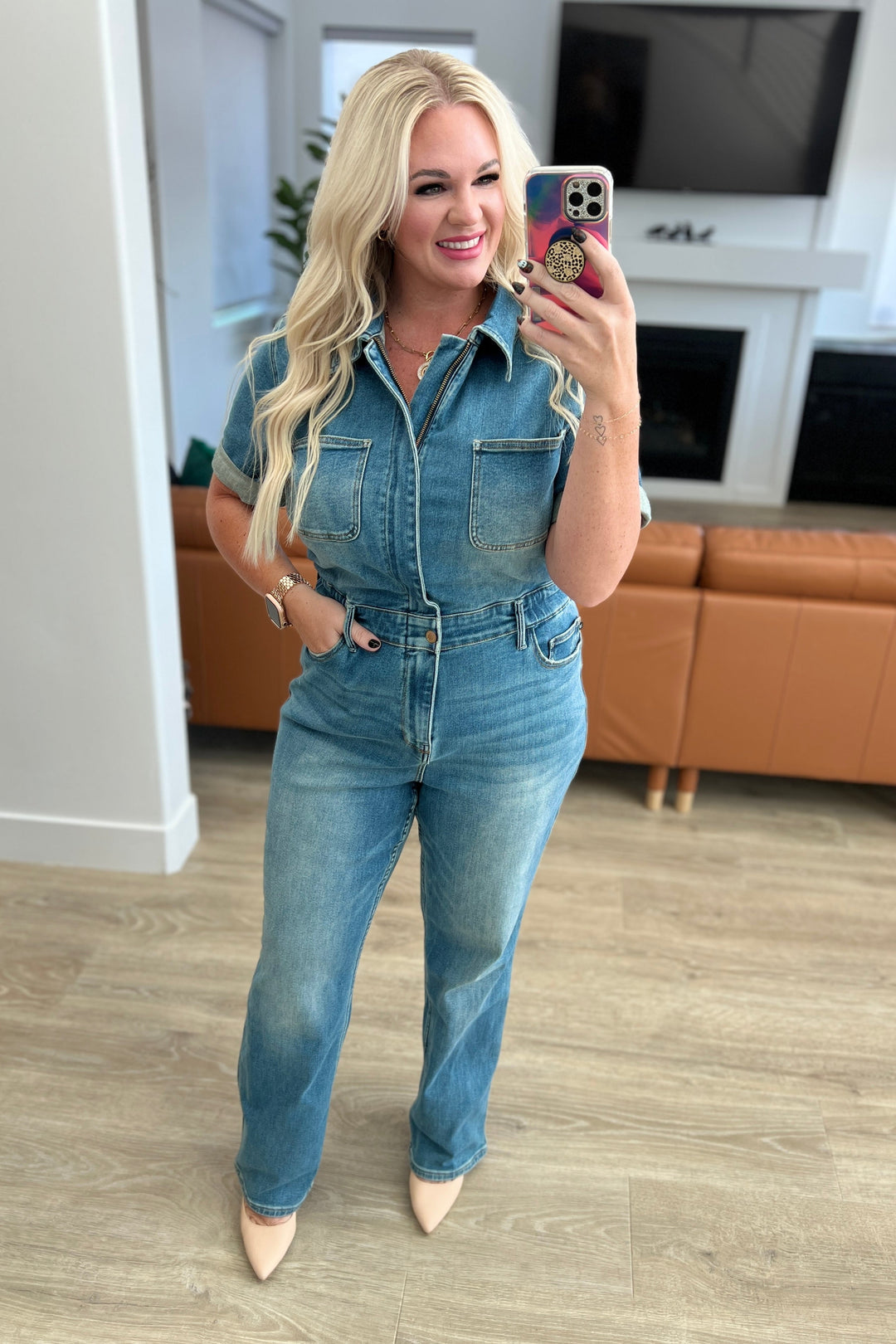 Sylvia Short Sleeve Denim Jumpsuit-Denim-Ave Shops-[option4]-[option5]-[option6]-[option7]-[option8]-Shop-Boutique-Clothing-for-Women-Online