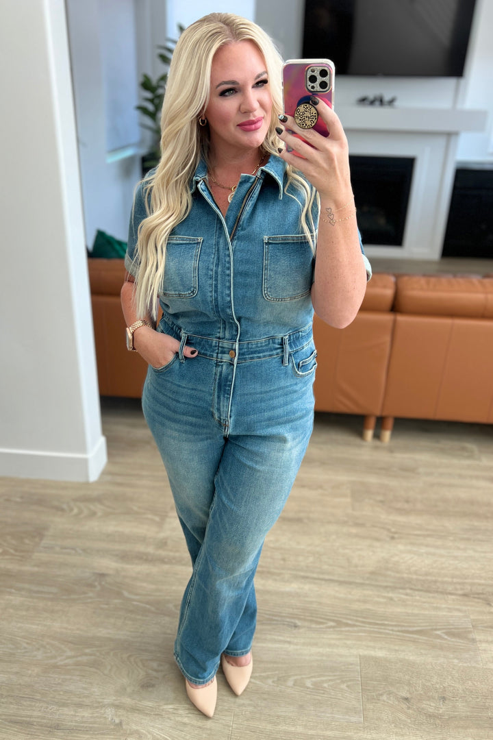 Sylvia Short Sleeve Denim Jumpsuit-Denim-Ave Shops-[option4]-[option5]-[option6]-[option7]-[option8]-Shop-Boutique-Clothing-for-Women-Online