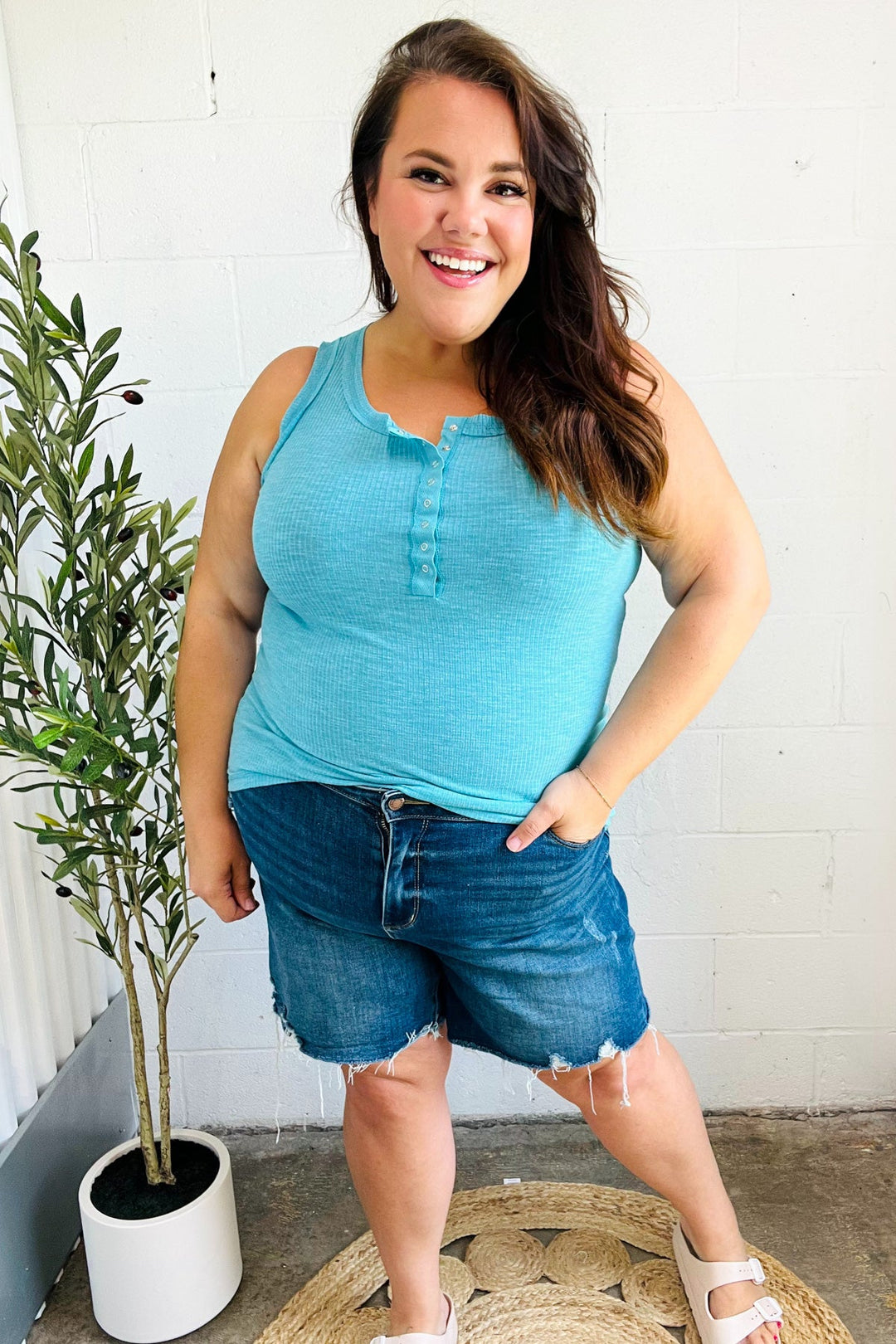 Summer Days Ice Blue Melange Ribbed Henley Button Down Tank-Zenana-[option4]-[option5]-[option6]-[option7]-[option8]-Shop-Boutique-Clothing-for-Women-Online