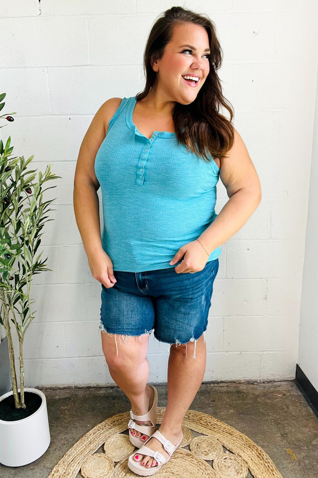 Summer Days Ice Blue Melange Ribbed Henley Button Down Tank-Zenana-[option4]-[option5]-[option6]-[option7]-[option8]-Shop-Boutique-Clothing-for-Women-Online