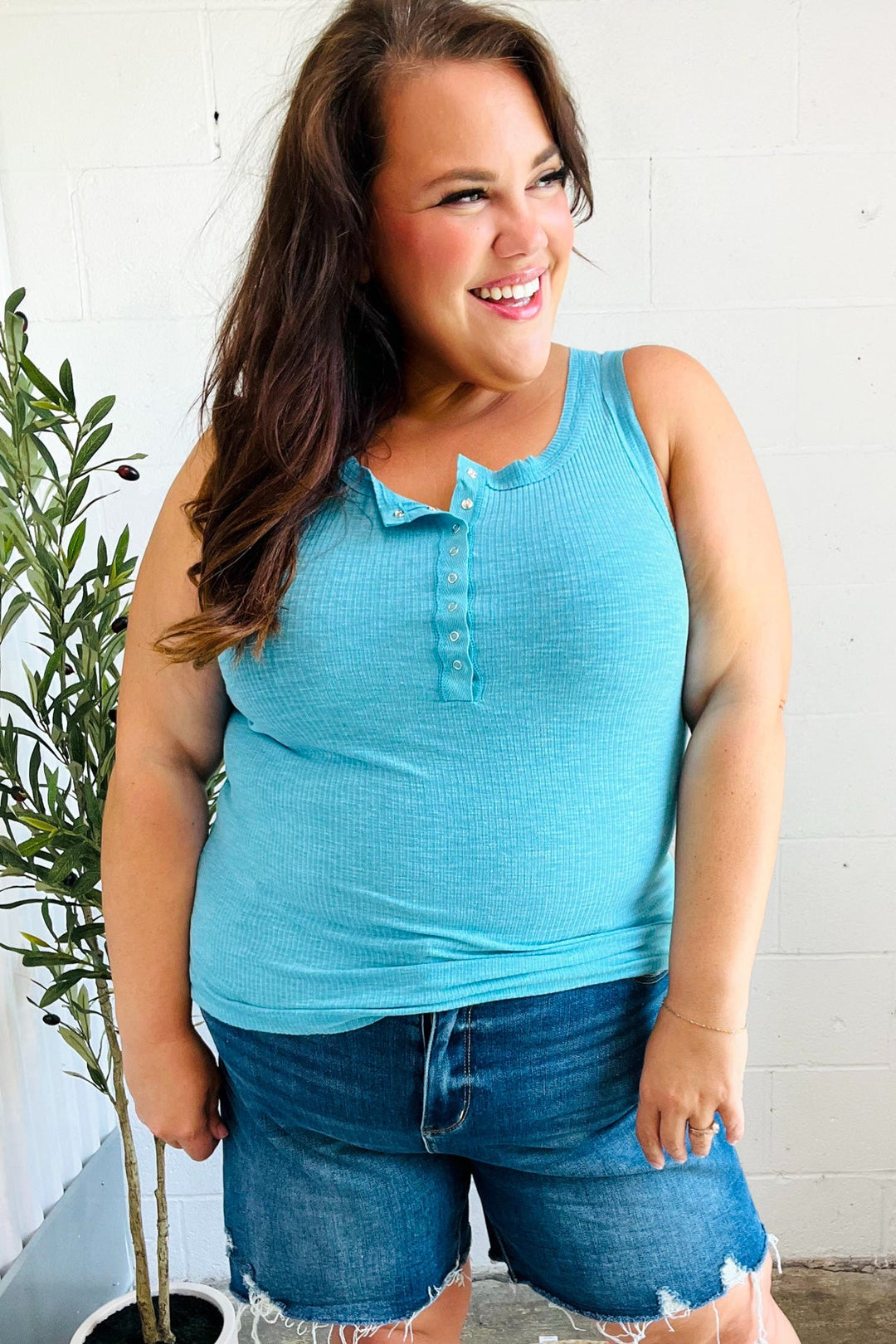 Summer Days Ice Blue Melange Ribbed Henley Button Down Tank-Zenana-[option4]-[option5]-[option6]-[option7]-[option8]-Shop-Boutique-Clothing-for-Women-Online