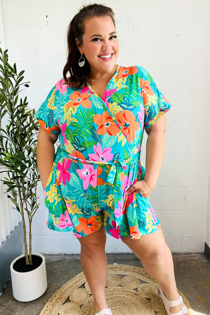 Tropical Vibes Turquoise Floral Surplice Tie Waist Romper-Haptics-[option4]-[option5]-[option6]-[option7]-[option8]-Shop-Boutique-Clothing-for-Women-Online