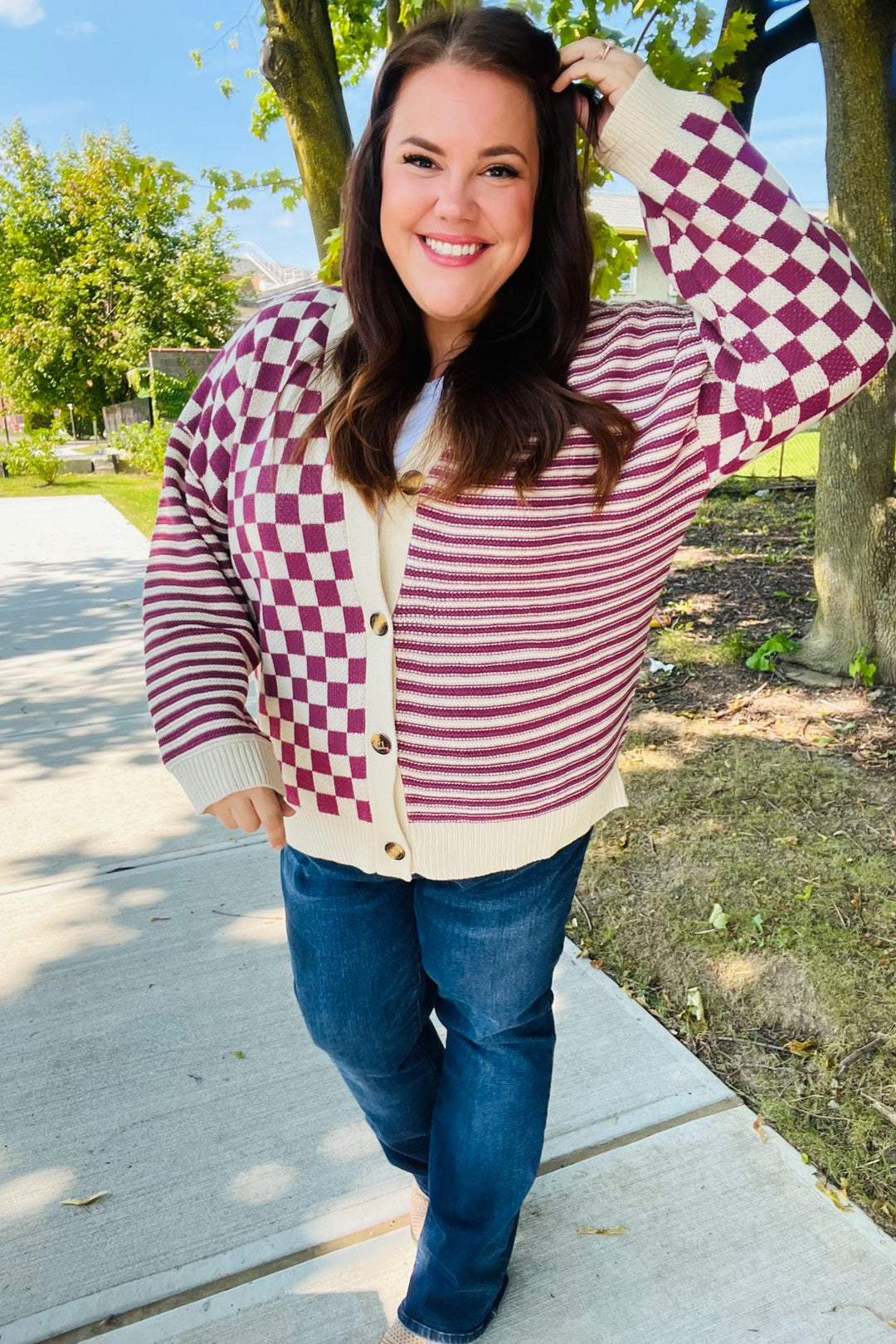 Cozy Days Magenta Checkered & Striped Button-Down Cardigan-Haptics-[option4]-[option5]-[option6]-[option7]-[option8]-Shop-Boutique-Clothing-for-Women-Online